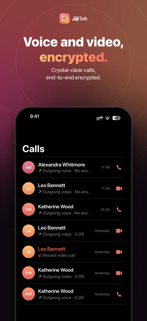 Voice and video, encrypted: the Calls tab with call history