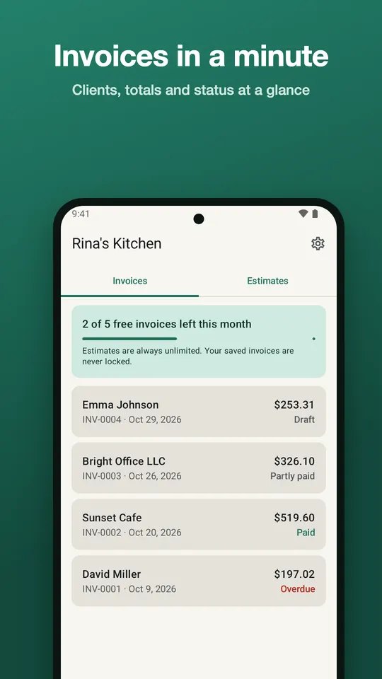 Payflick home screen listing invoices as draft, partly paid, paid and overdue, with a counter showing 2 of 5 free invoices left this month