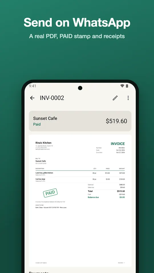 A paid invoice in Payflick with a PAID stamp, ready to send on WhatsApp as a PDF