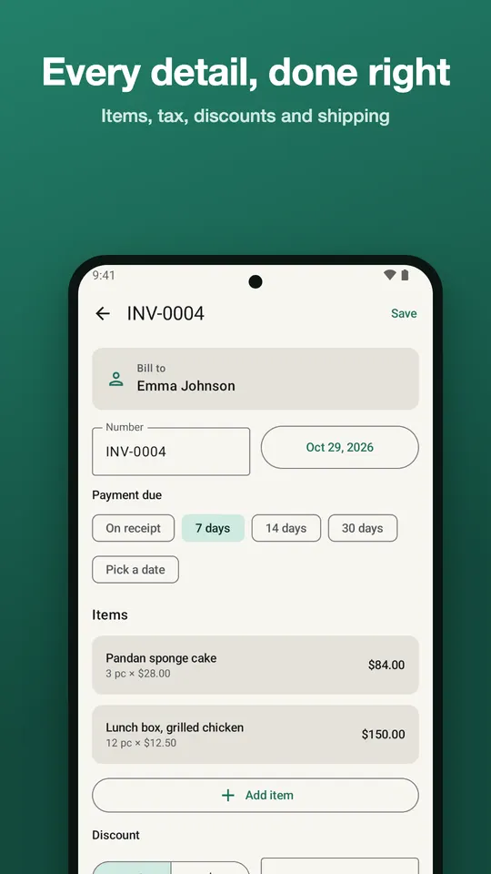 Payflick invoice editor with client, number, due date terms, items, discount and tax