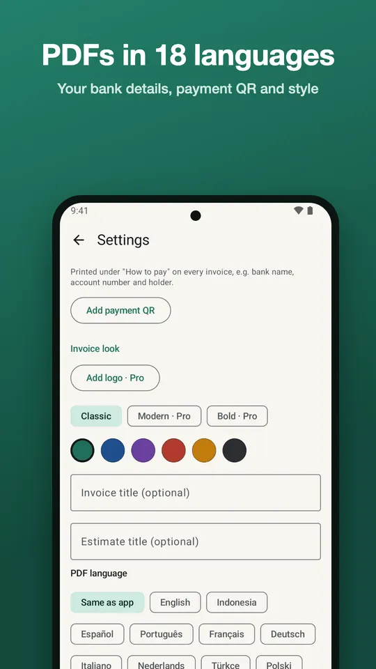 Payflick settings with bank details, payment QR, invoice templates, accent colour and PDF language