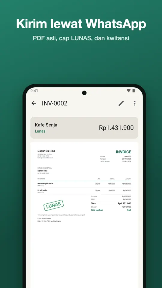 Invoice lunas di Payflick dengan cap LUNAS, siap dikirim lewat WhatsApp sebagai PDF