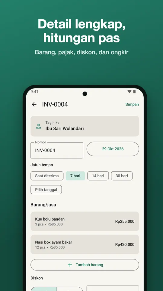 Editor invoice Payflick dengan pelanggan, nomor, jatuh tempo, daftar barang, diskon, dan pajak