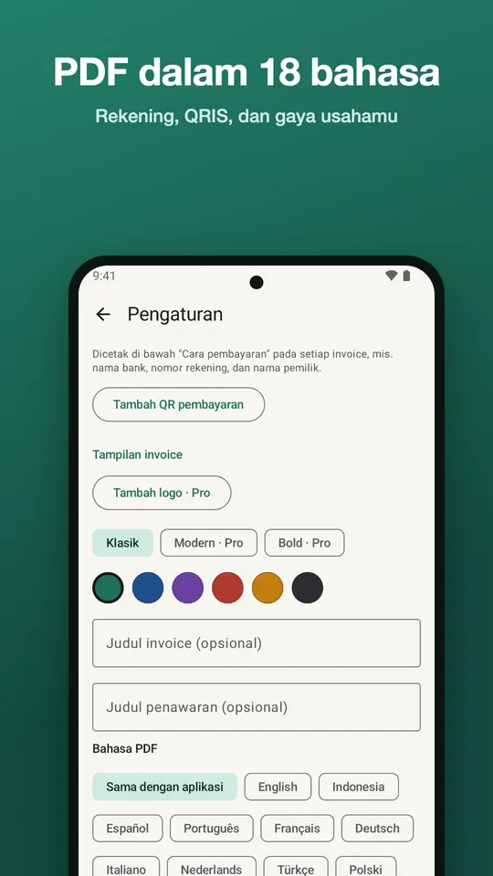 Pengaturan Payflick dengan nomor rekening, QRIS, template invoice, warna, dan bahasa PDF