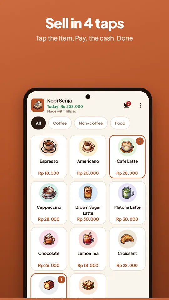 Tillpad cashier screen with item tiles and an order of two items ready to pay