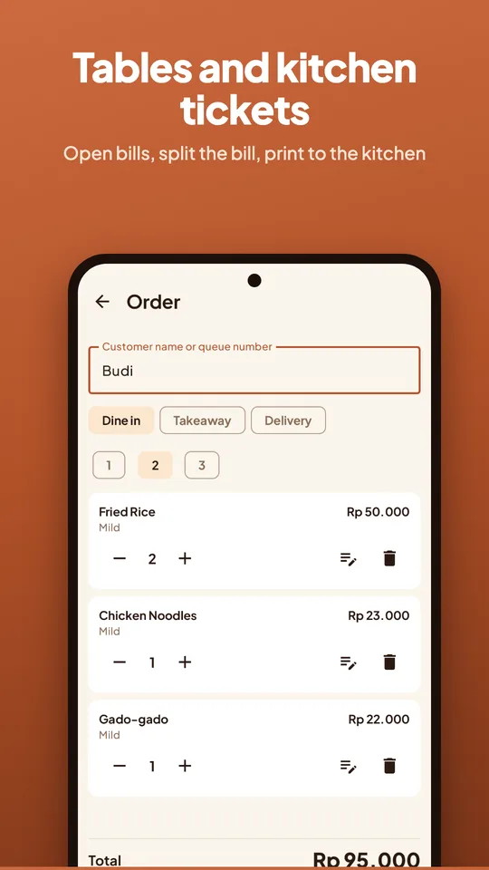 Tillpad restaurant order with a table chosen, Open bill and Kitchen buttons