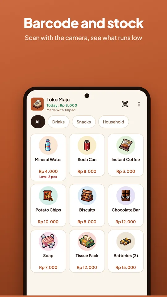 Tillpad shop screen with a barcode scan button and a low stock warning on Mineral Water