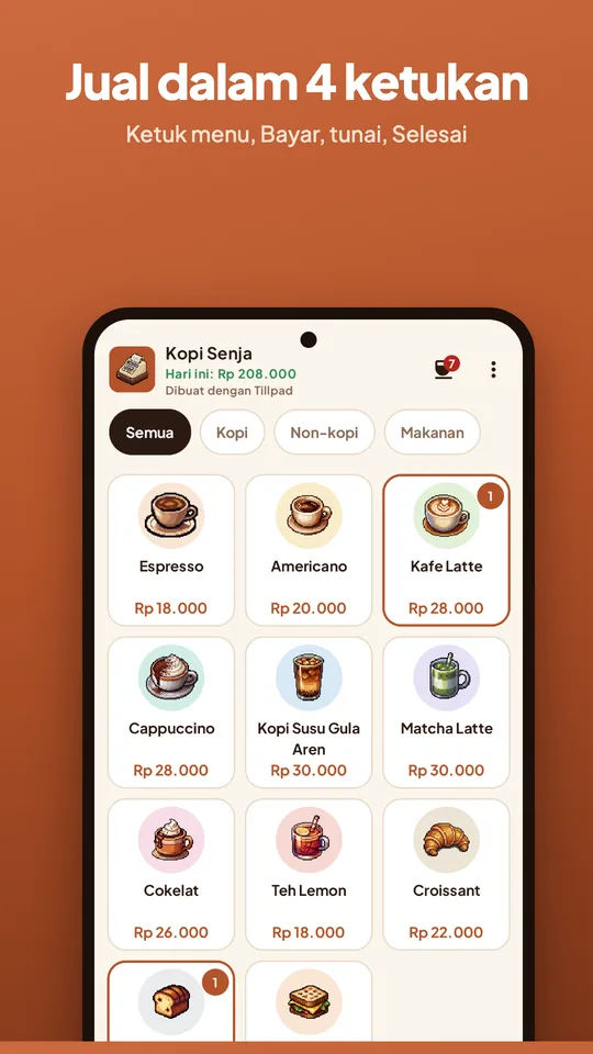 Layar kasir Tillpad dengan kartu menu dan pesanan dua menu siap dibayar