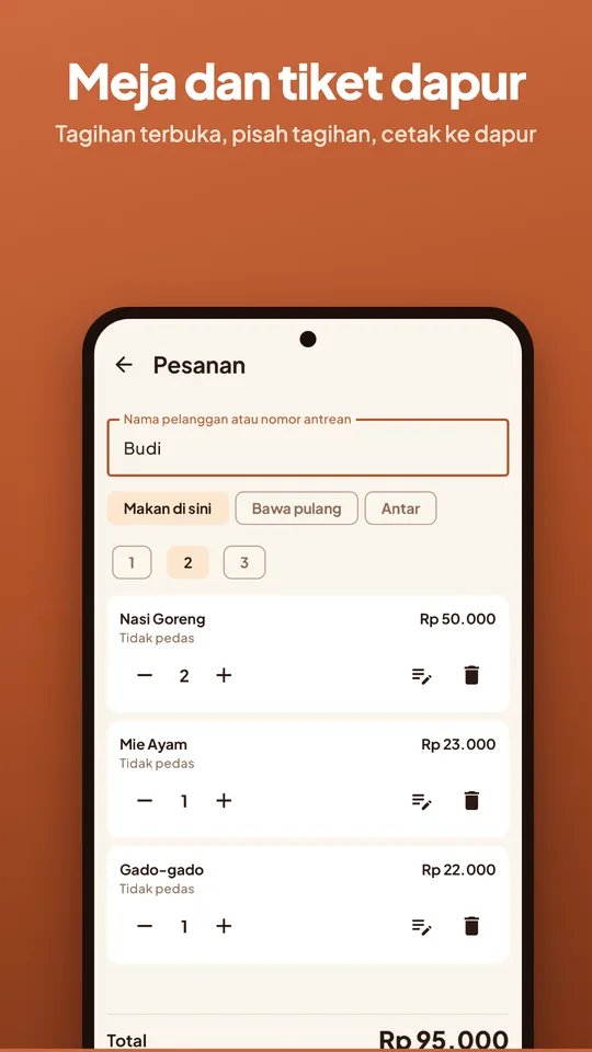 Pesanan restoran di Tillpad dengan meja dipilih, tombol Tagihan terbuka dan Dapur