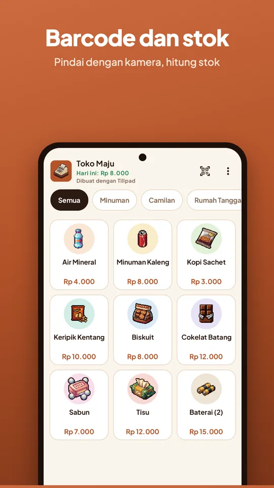 Layar toko Tillpad dengan tombol pindai barcode dan peringatan stok menipis pada Air Mineral